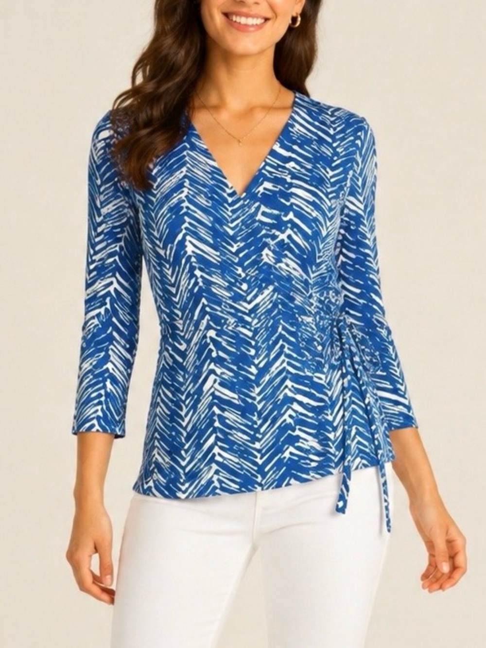 Banana Republic Teal and White Printed Tie Waist Top